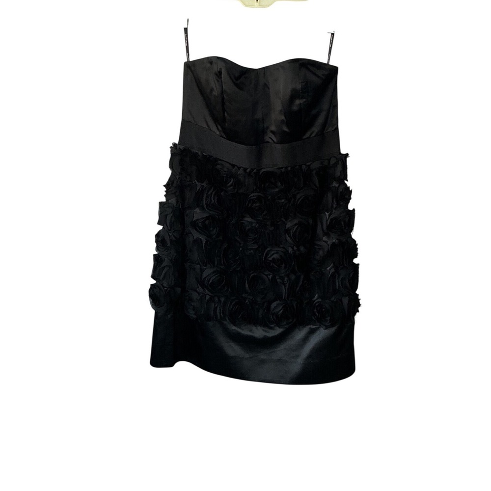 Phoebe Couture Black Satin Strapless Rose Applique Bow Cocktail Dress 4